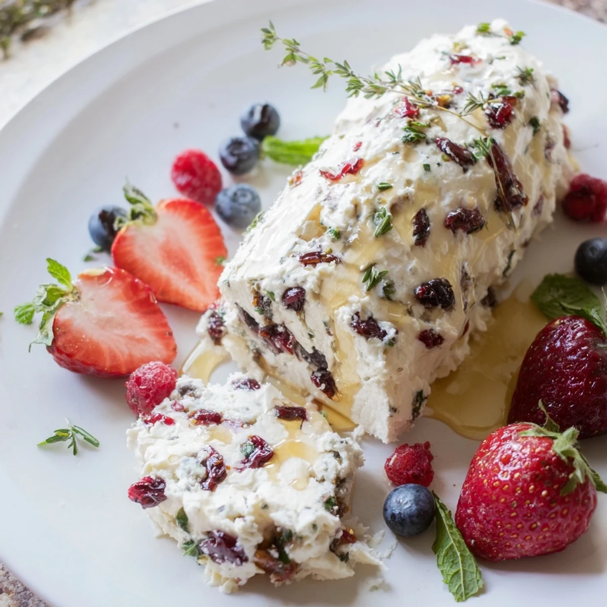 Creamy cranberry & goat cheese log, with vibrant berries, ready for serving with crackers for a delicious appetizer.