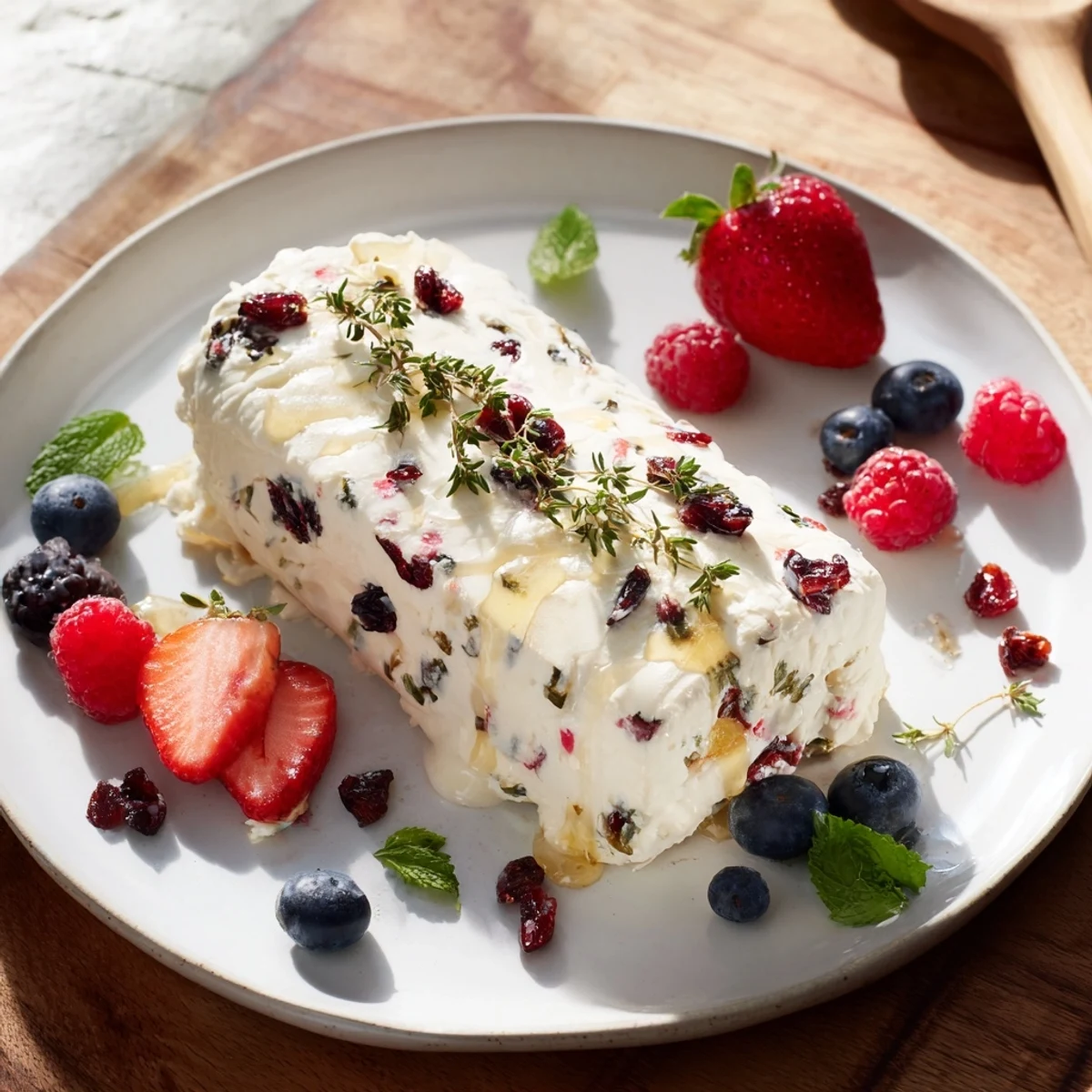 A rustic, close-up image of the cranberry & goat cheese log, showcasing textures, surrounded by colorful, ripe berries.