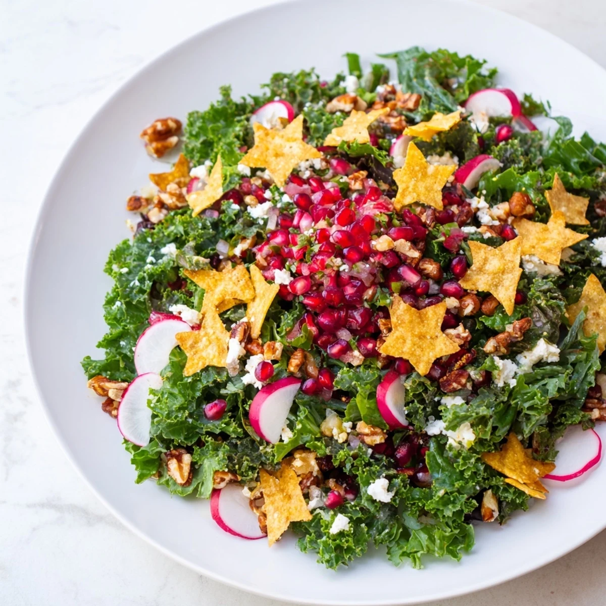 Homemade salsa brightens this Winter Salad, served with crunchy snowflake tortilla chip edges.