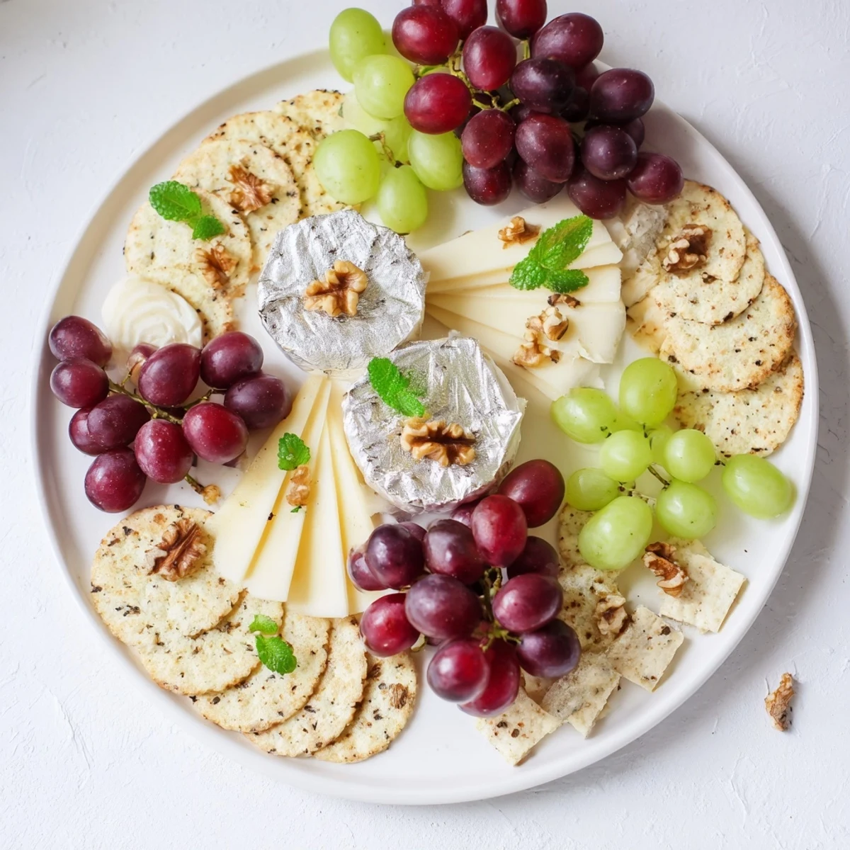 Elegant Sparkling Grape and Silver Cracker Platter, a visually stunning appetizer ready for New Year's Eve.