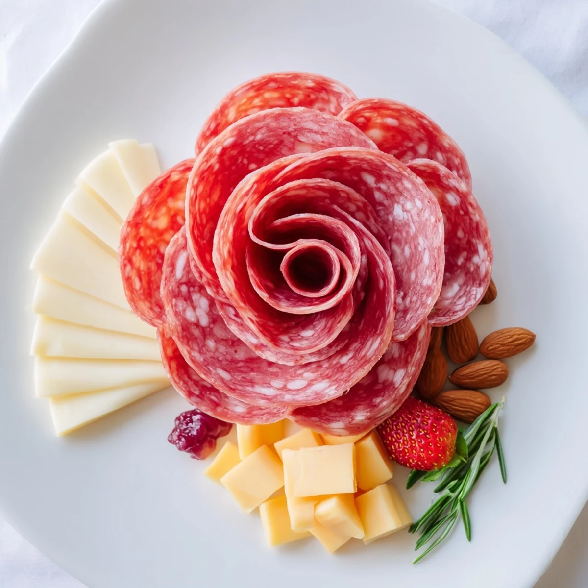 Easy charcuterie board: a vibrant salami rose blossoms amidst cheeses, fruits, and almonds.