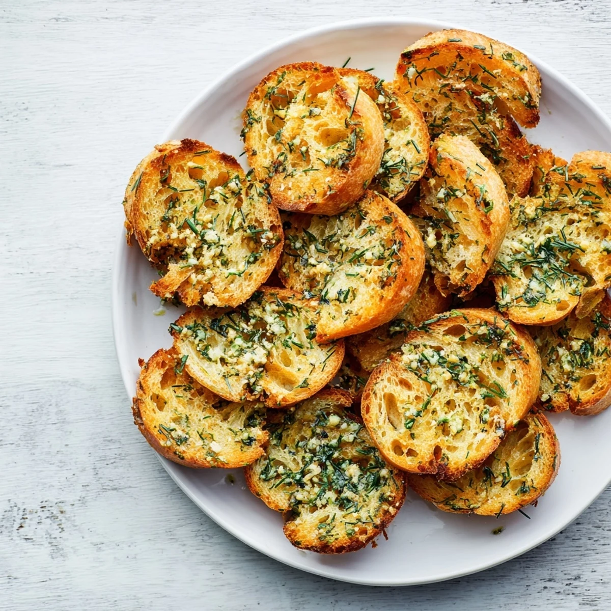 Crispy golden baguette slices arranged in a circle, ready to enjoy as a simple appetizer.
