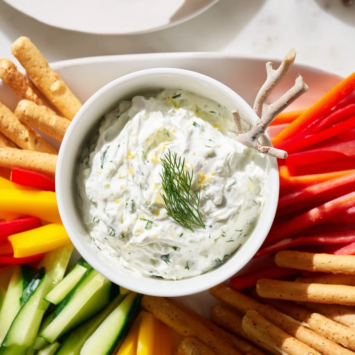 Festive Reindeer Antler Spread appetizer; a close up shows the delicious creamy dip with edible, artistic garnishes.
