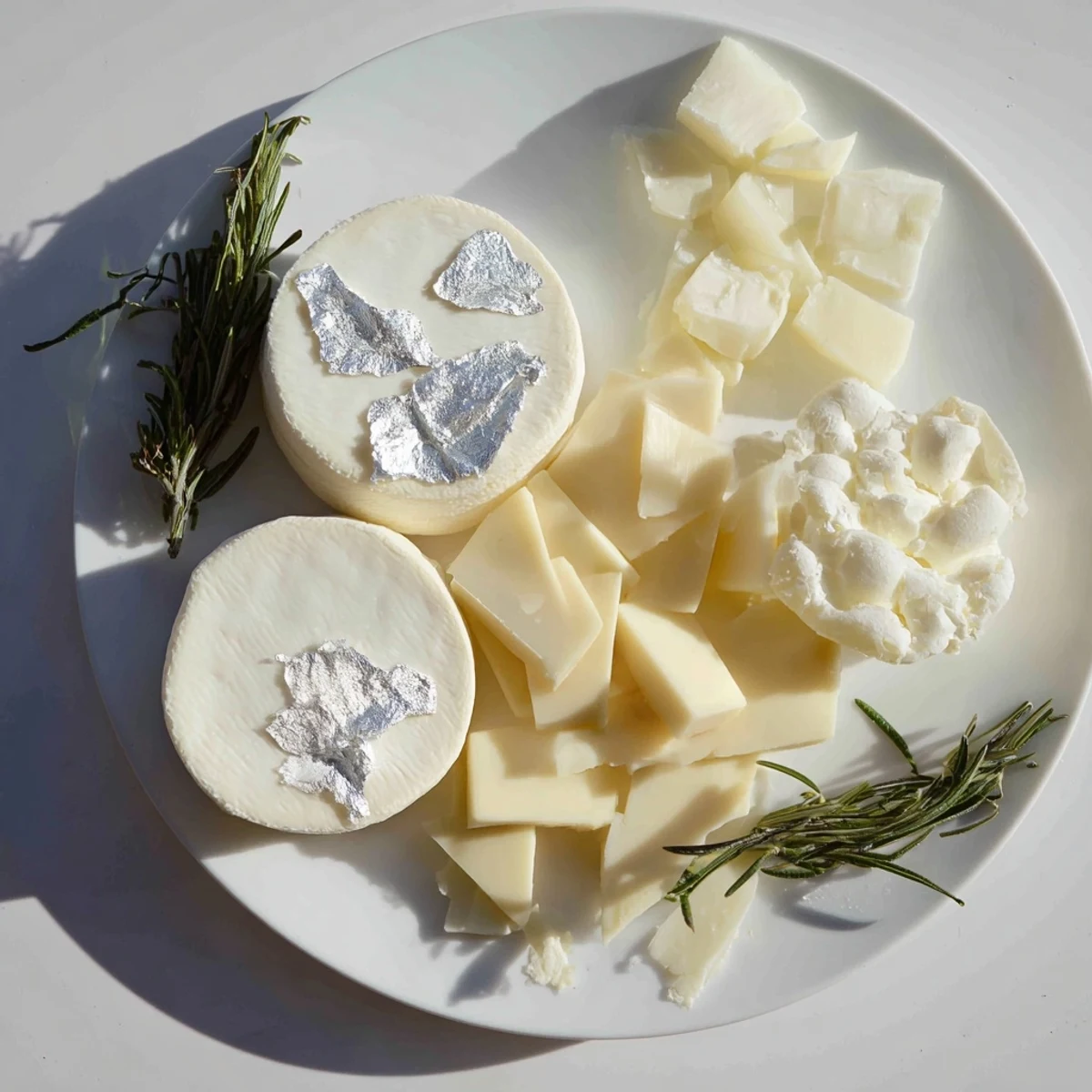 Eye-catching Winter Wonderland Platter, featuring fresh cheese, nuts, and sugared almonds for a festive snack.