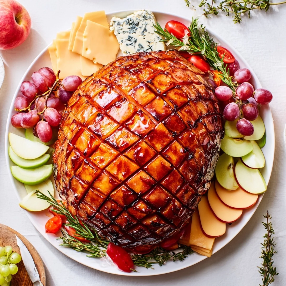 Serve this festive Glazed Ham Centerpiece Board, featuring a juicy, glazed ham, for your next celebration.