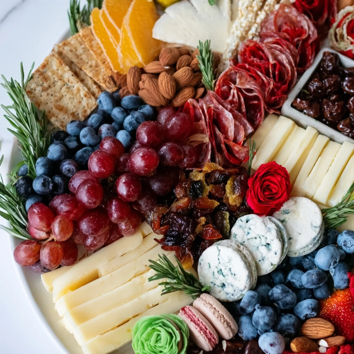 The Nutcracker Suite Board overflowing with colorful cheeses, meats, crackers and delicious sweets, perfect for entertaining.
