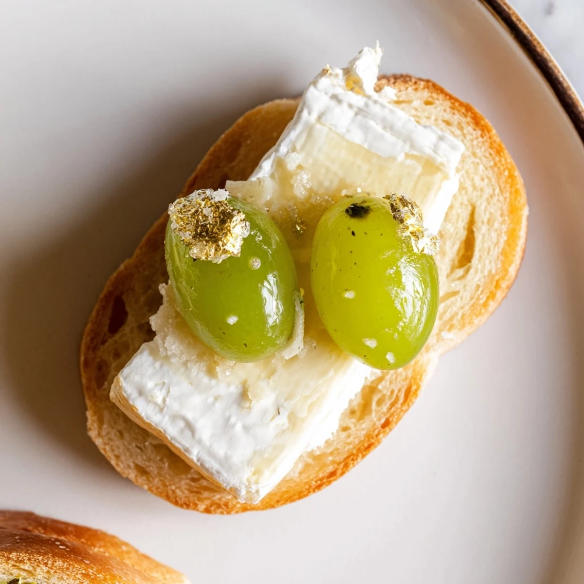 Golden-dusted sparkling Champagne toasts with prosecco-soaked grapes offer an elegant appetizer.