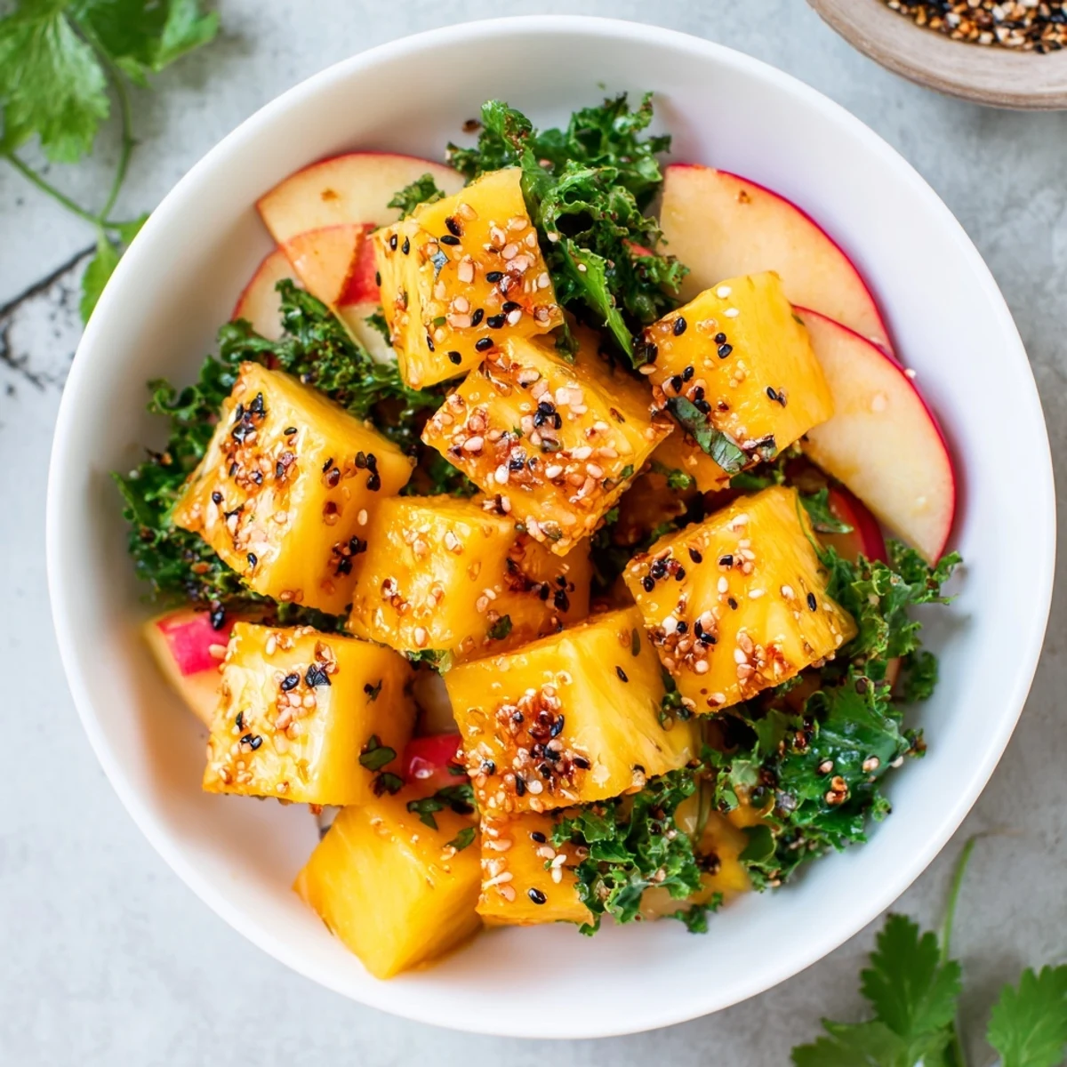 Vibrant Sunlit Glade salad showcasing juicy mango and pineapple, a refreshing vegan lunch.