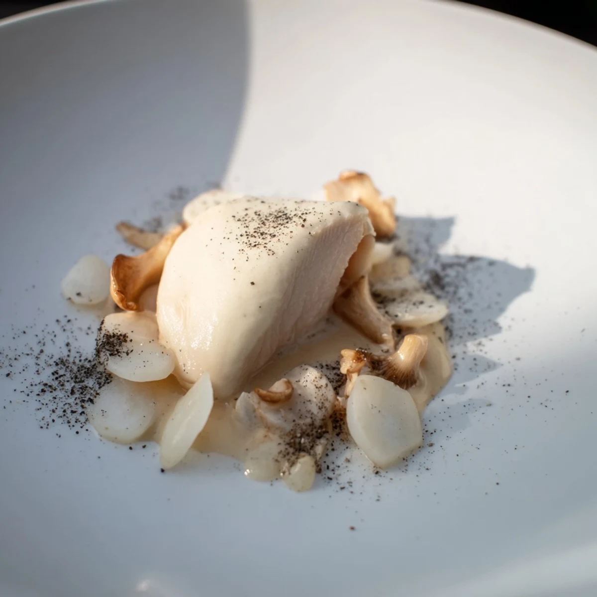 This elegant The Ghostly Gala features a white plate with tender chicken, cauliflower, and black pepper shadows.