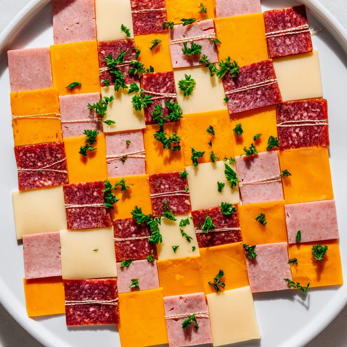 This visually appealing Patchwork Quilt appetizer is a delightful assortment of meats, cheeses, and zesty mustard.
