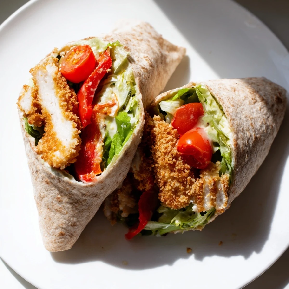 Imagine a close-up of the Crispy Santa Hat Chicken Caesar Wrap, filled with savory, textured ingredients.