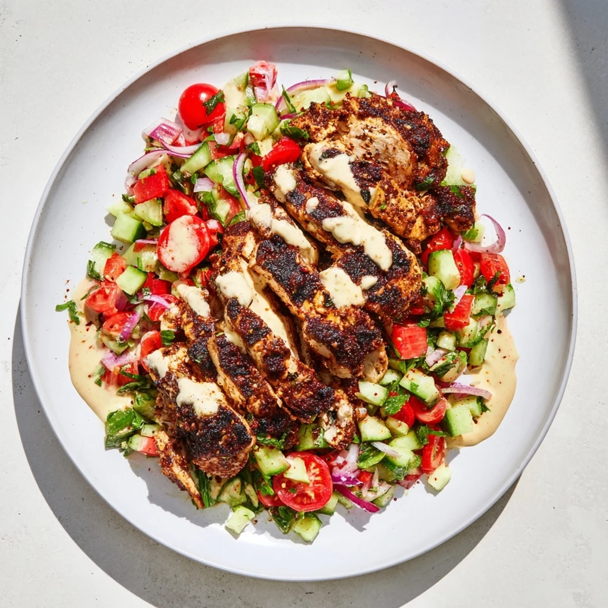 Vibrant Chicken Shawarma Salad, tender chicken strips over a colorful, refreshing vegetable medley.