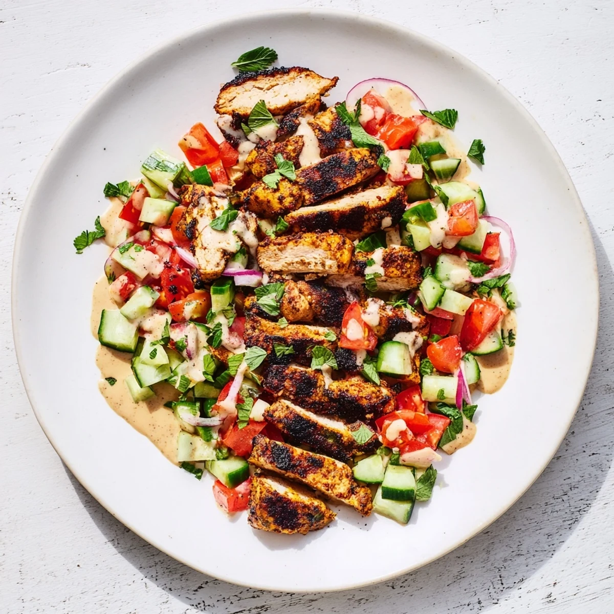 Spiced chicken glistens atop the fresh Chicken Shawarma Salad, promising a delicious Middle Eastern feast.