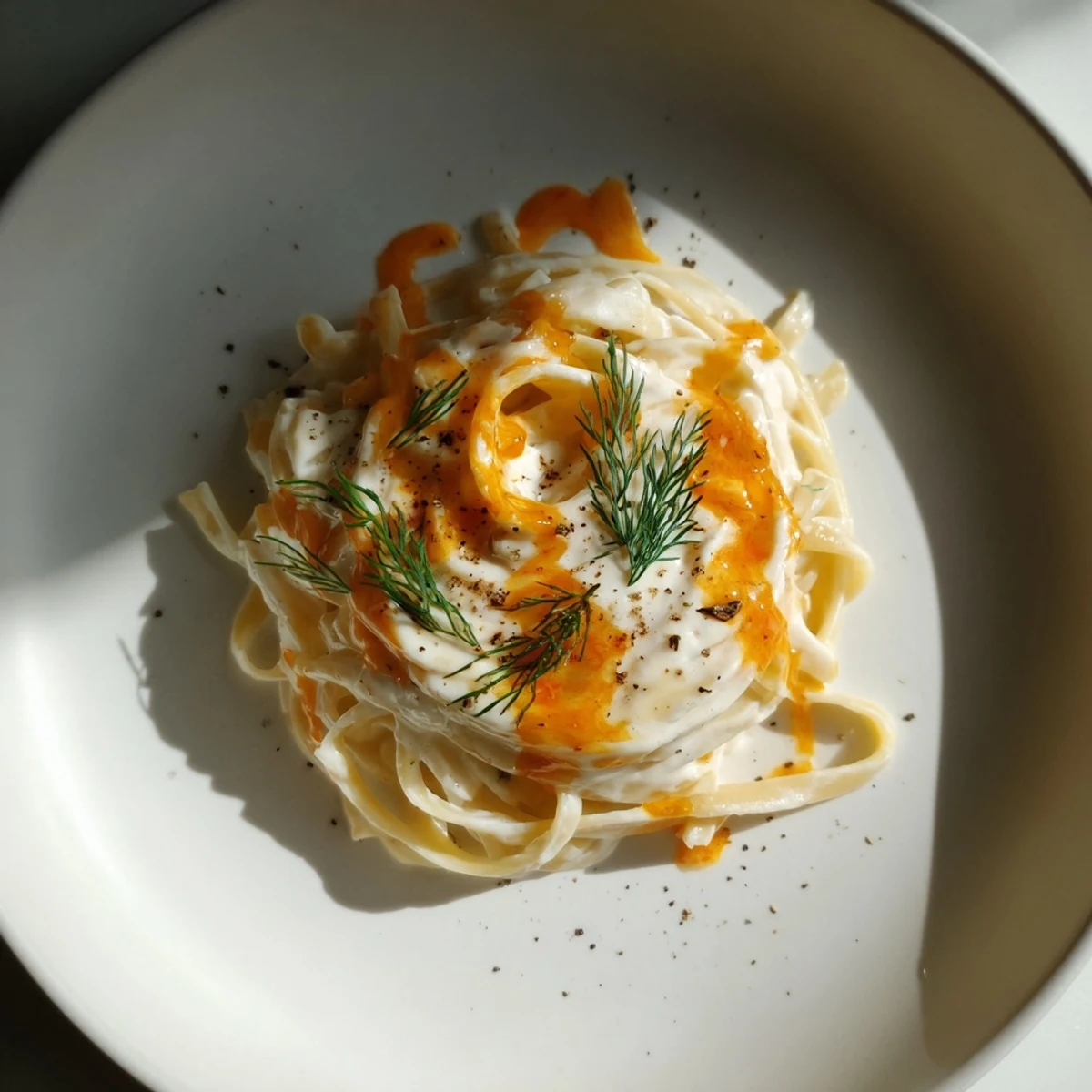 A vibrant bowl of Turkish Pasta with Paprika Butter, creamy yogurt and spicy oil.