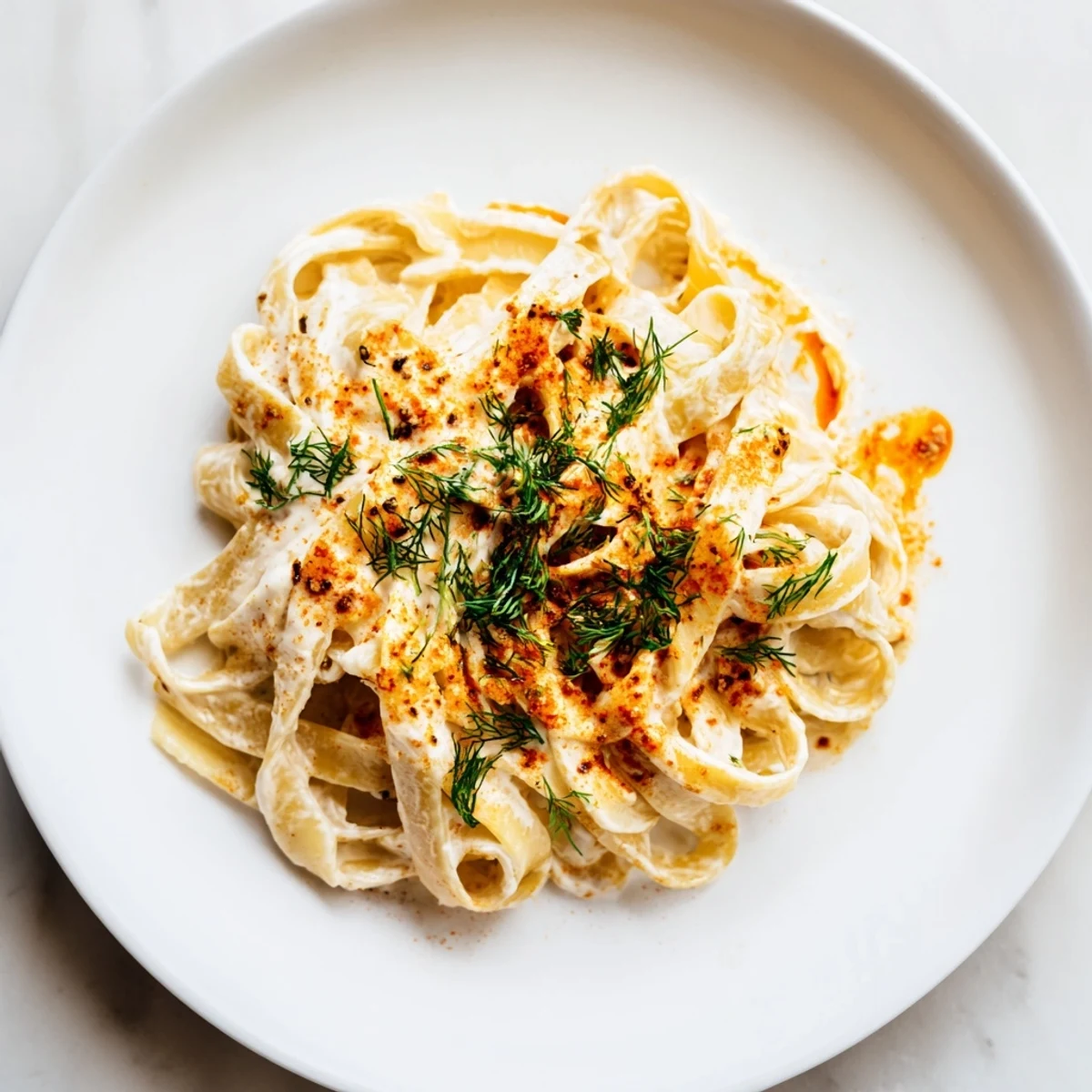 Steaming Turkish Pasta with Paprika Butter, garnished with fresh herbs, ready to be enjoyed.