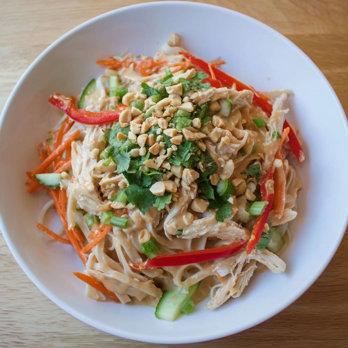 Close-up of vibrant Thai-Inspired Peanut Chicken Pasta, showcasing tender chicken and colorful vegetables.