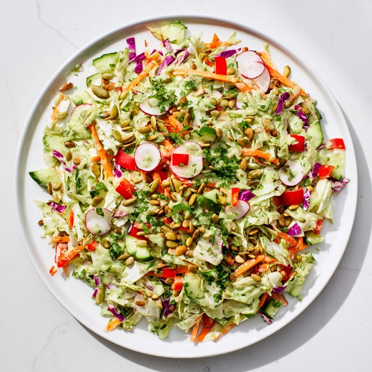 Fresh Green Goddess Confetti Chop Slaw, a colorful salad with a creamy, herby dressing.