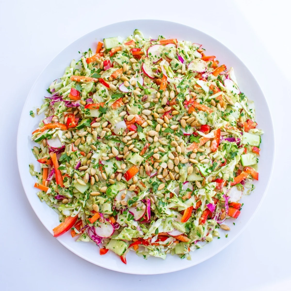 Tossing the ingredients of Green Goddess Confetti Chop Slaw, a vegetarian delight, in a bowl.