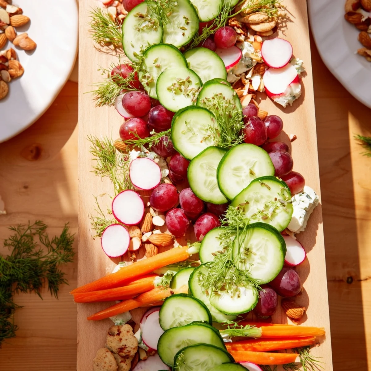 Elegant Zen Balance appetizer platter with fresh vegetables, goat cheese, and almonds, enticingly arranged.