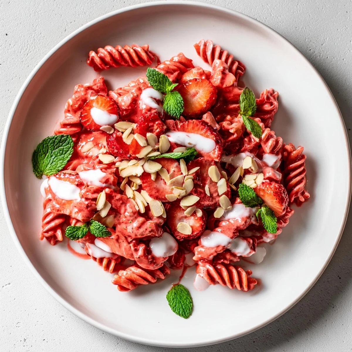 Sweet strawberry yogurt pasta glistening with vibrant red strawberries and creamy yogurt sauce.