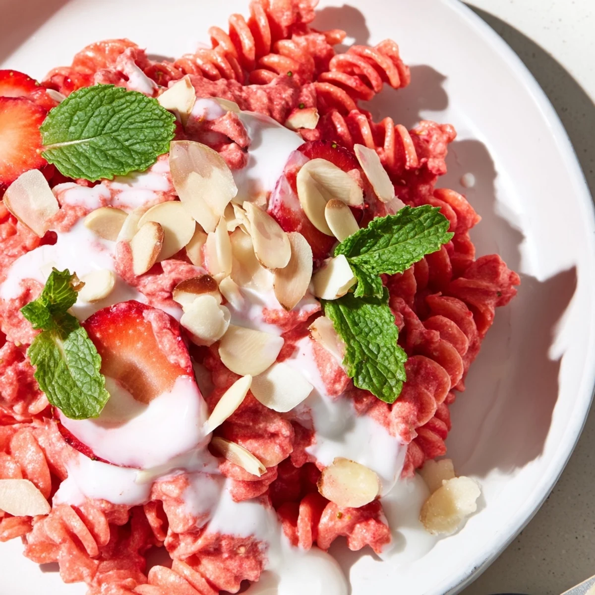 Close-up of freshly made sweet strawberry yogurt pasta; the perfect light, summer dessert.