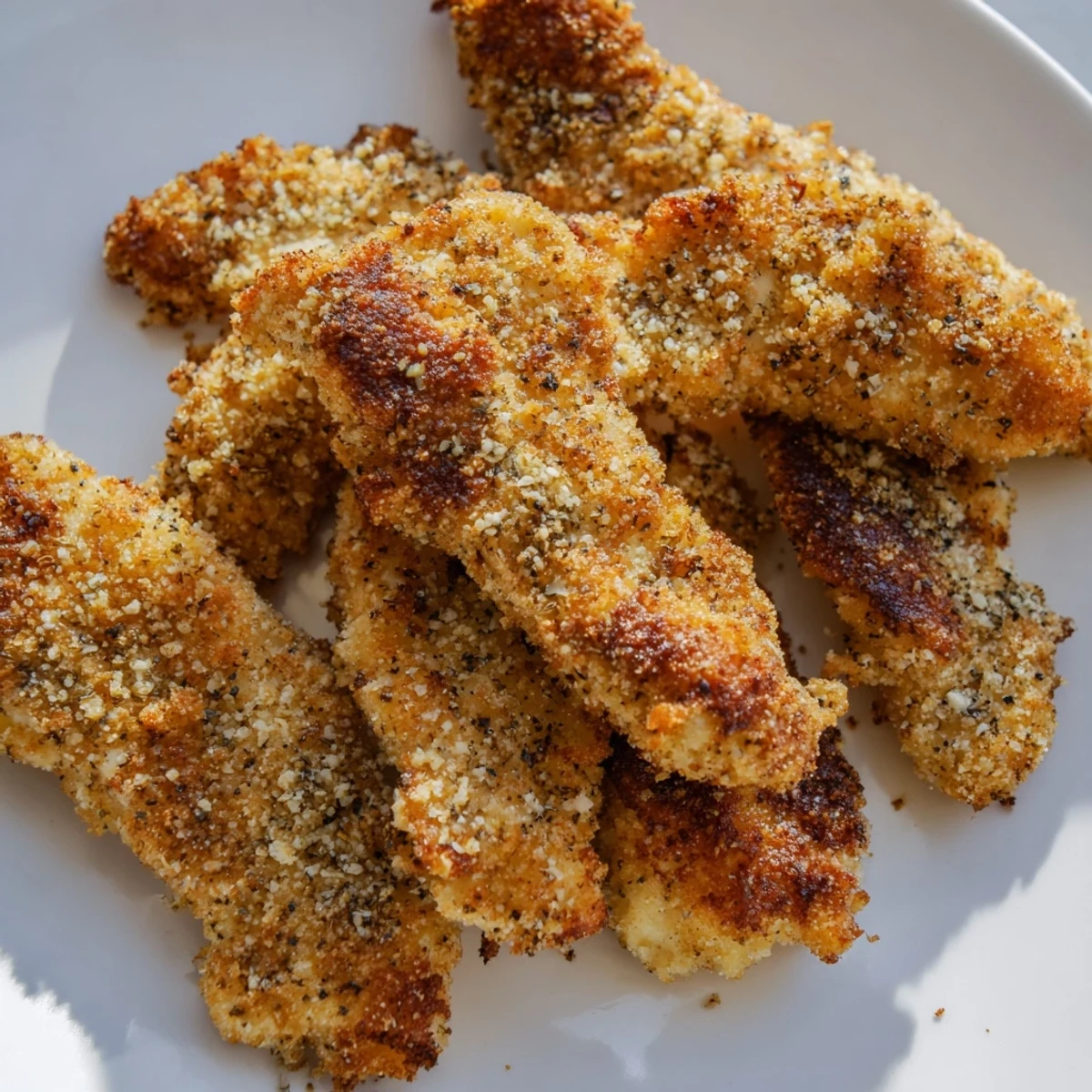 Golden-brown Crispy Air-Fried Chicken Tenders, ready to dip and perfectly crunchy for dinner.