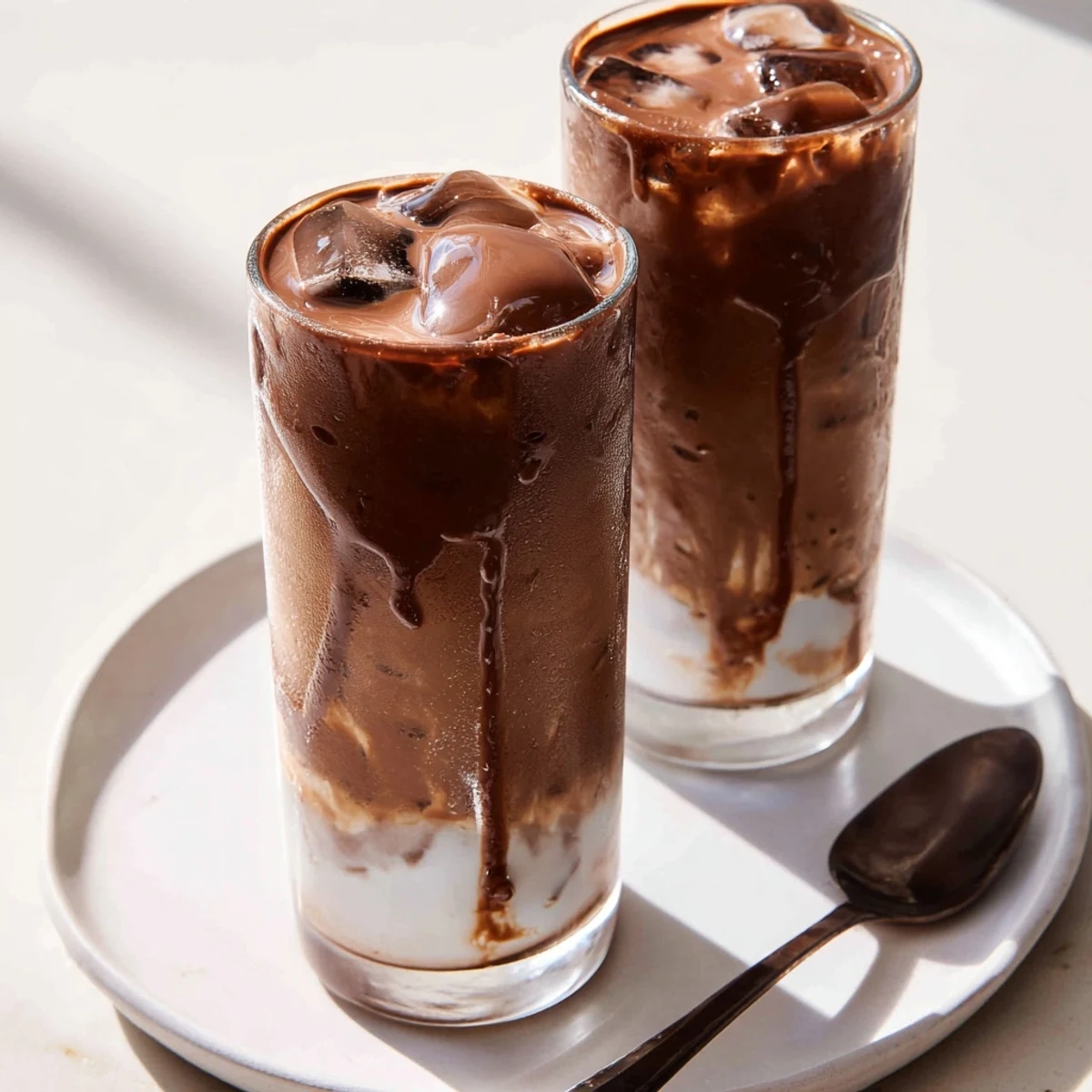 A creamy Chocolate Cracking Iced Latte with a beautiful, dark chocolate shell ready to be broken and enjoyed.