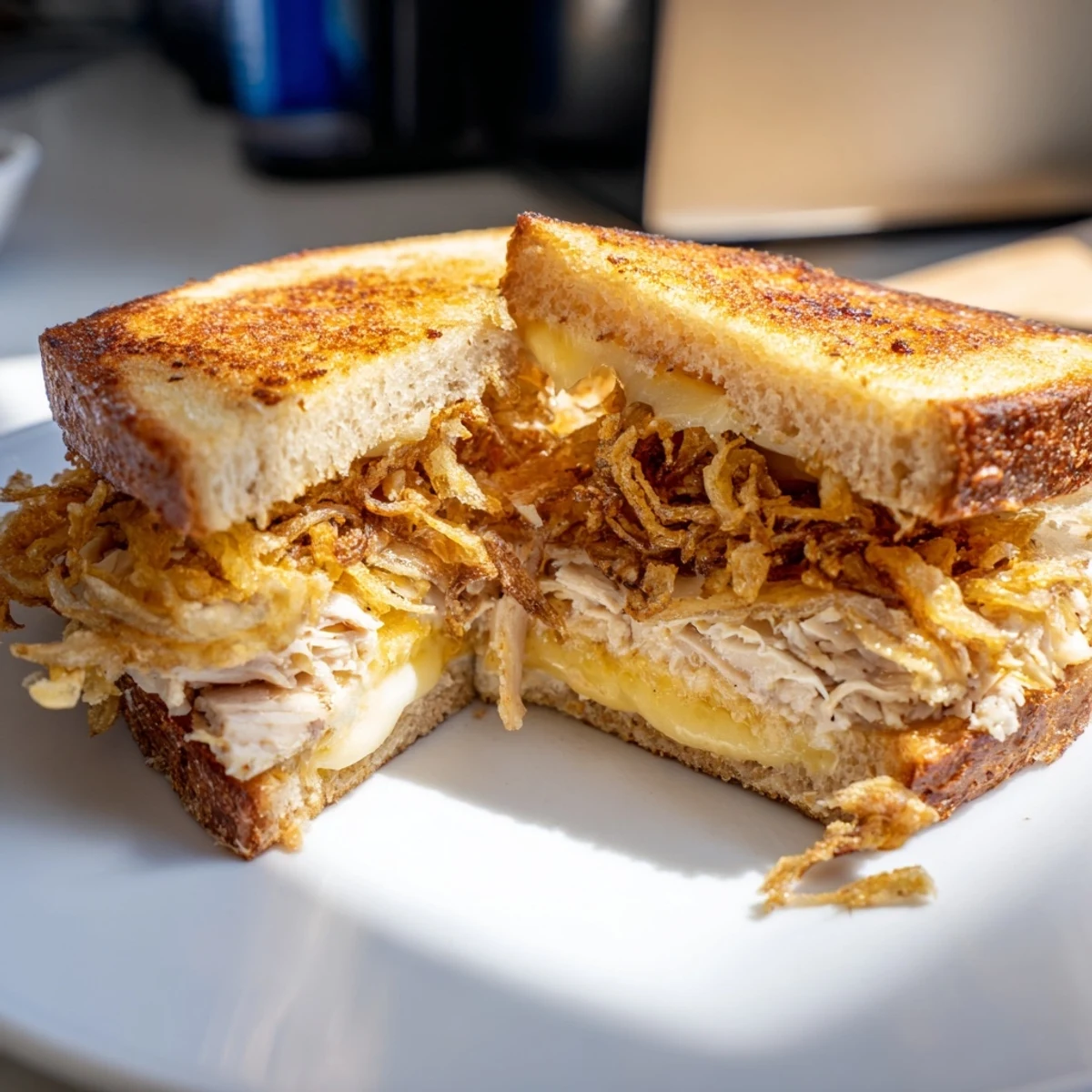 Melted cheese and crispy shallots crown the perfectly toasted Crispy Shallot Chicken Grilled Cheese sandwich.