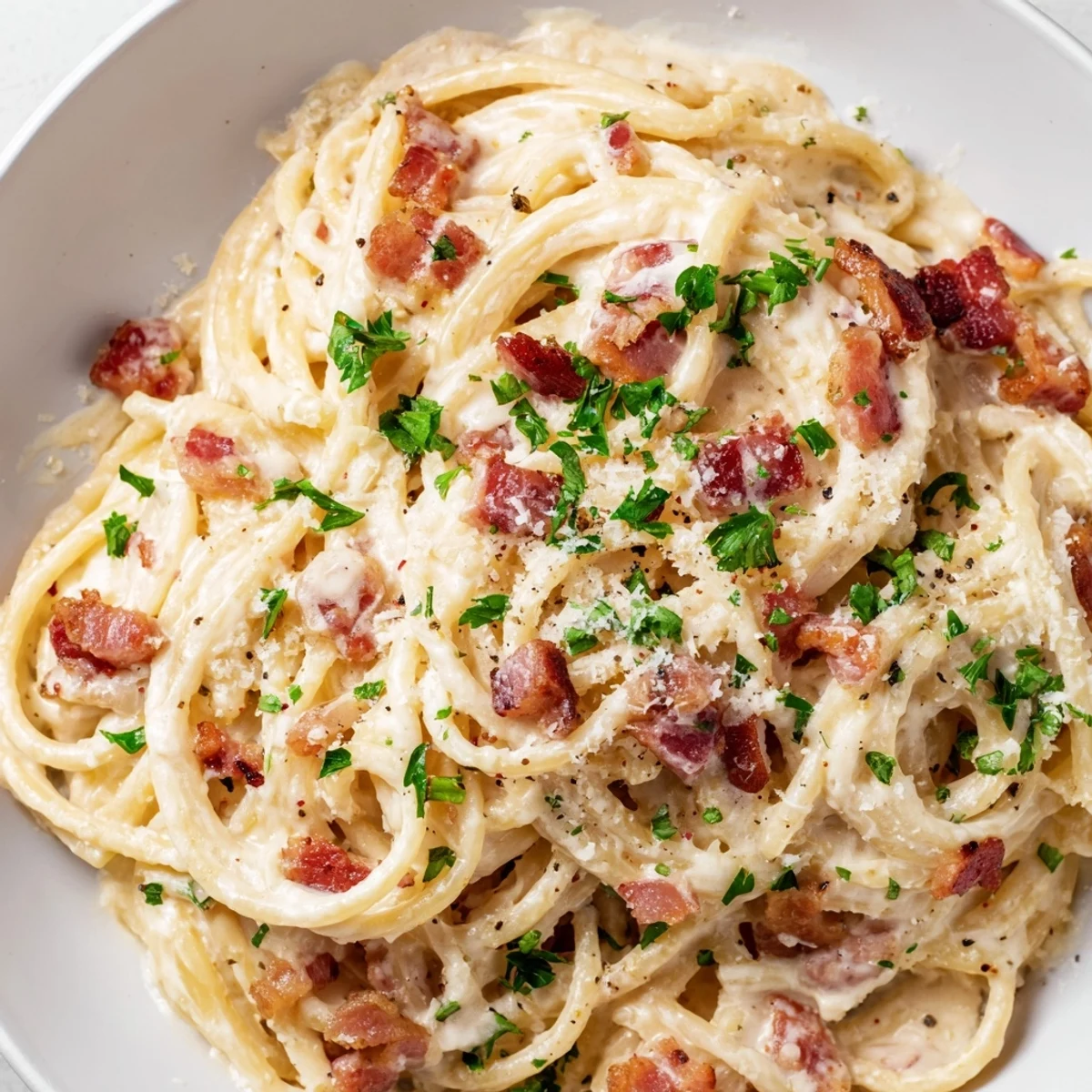 A creamy bowl of Creamy Garlic Bacon Pasta with crispy bacon and fresh parsley.