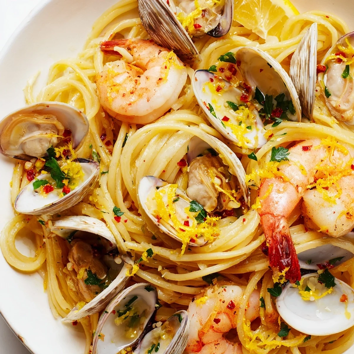 Close-up of Seafood Pasta Aglio e Olio showcasing perfectly cooked spaghetti coated in garlic-infused olive oil.