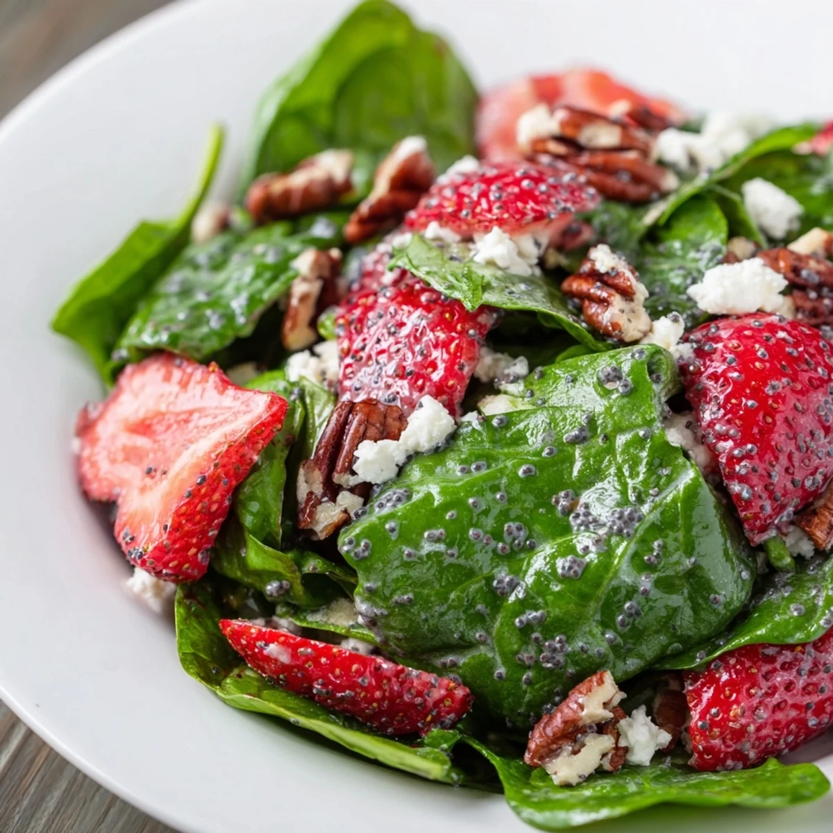 Close-up of a refreshing Spinach Strawberry Salad, drizzled with sweet poppy seed dressing.