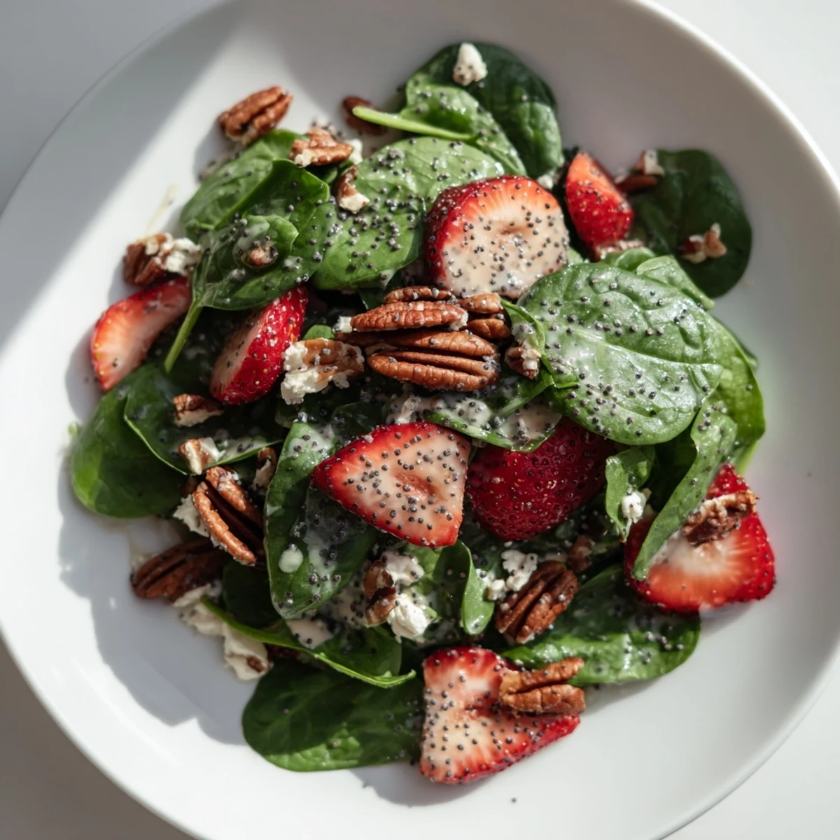 Vibrant image shows a completed Spinach Strawberry Salad, ready to enjoy with a chilled white wine.