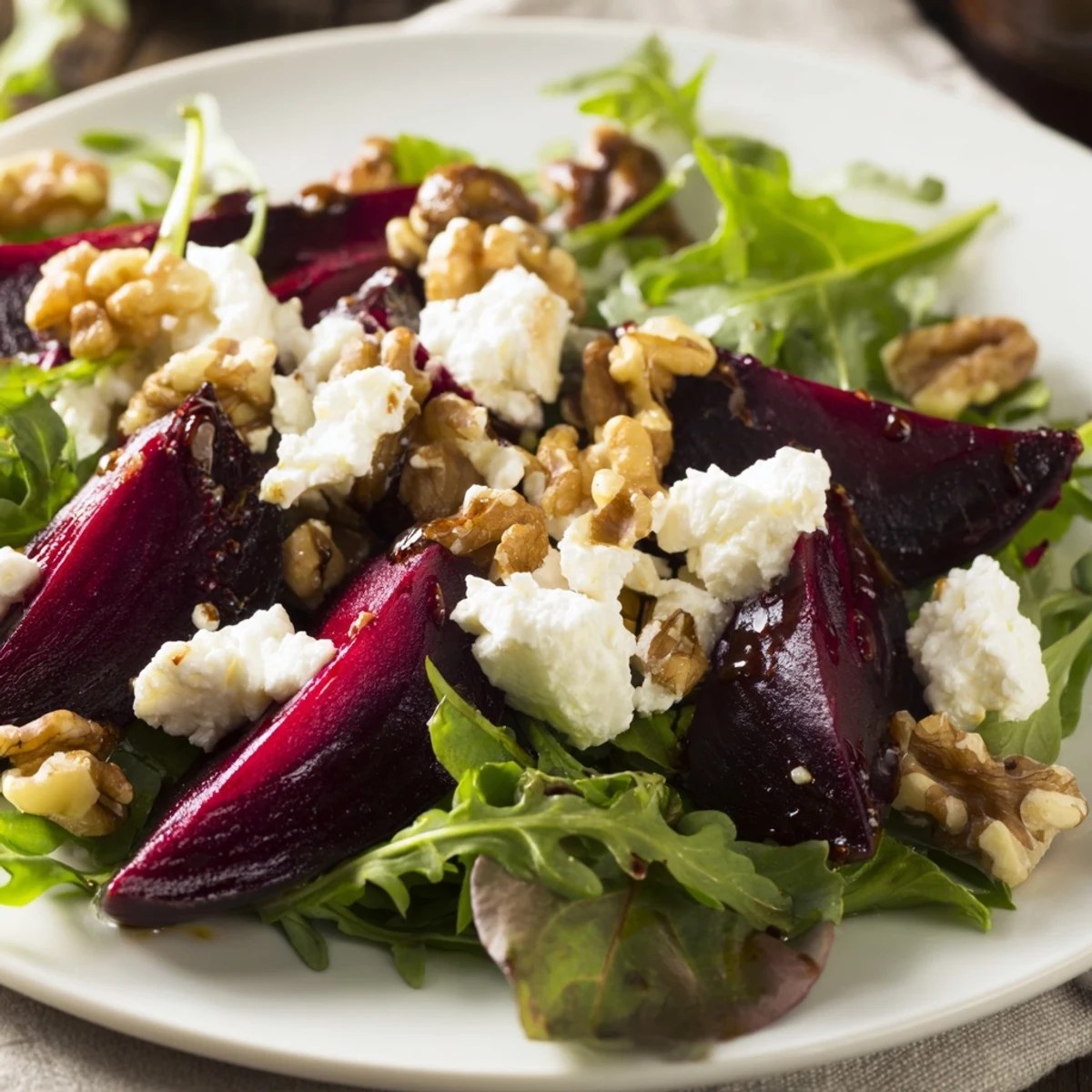 This satisfying Beet and Goat Cheese Salad displays roasted beet slices with crumbled goat cheese and walnuts.