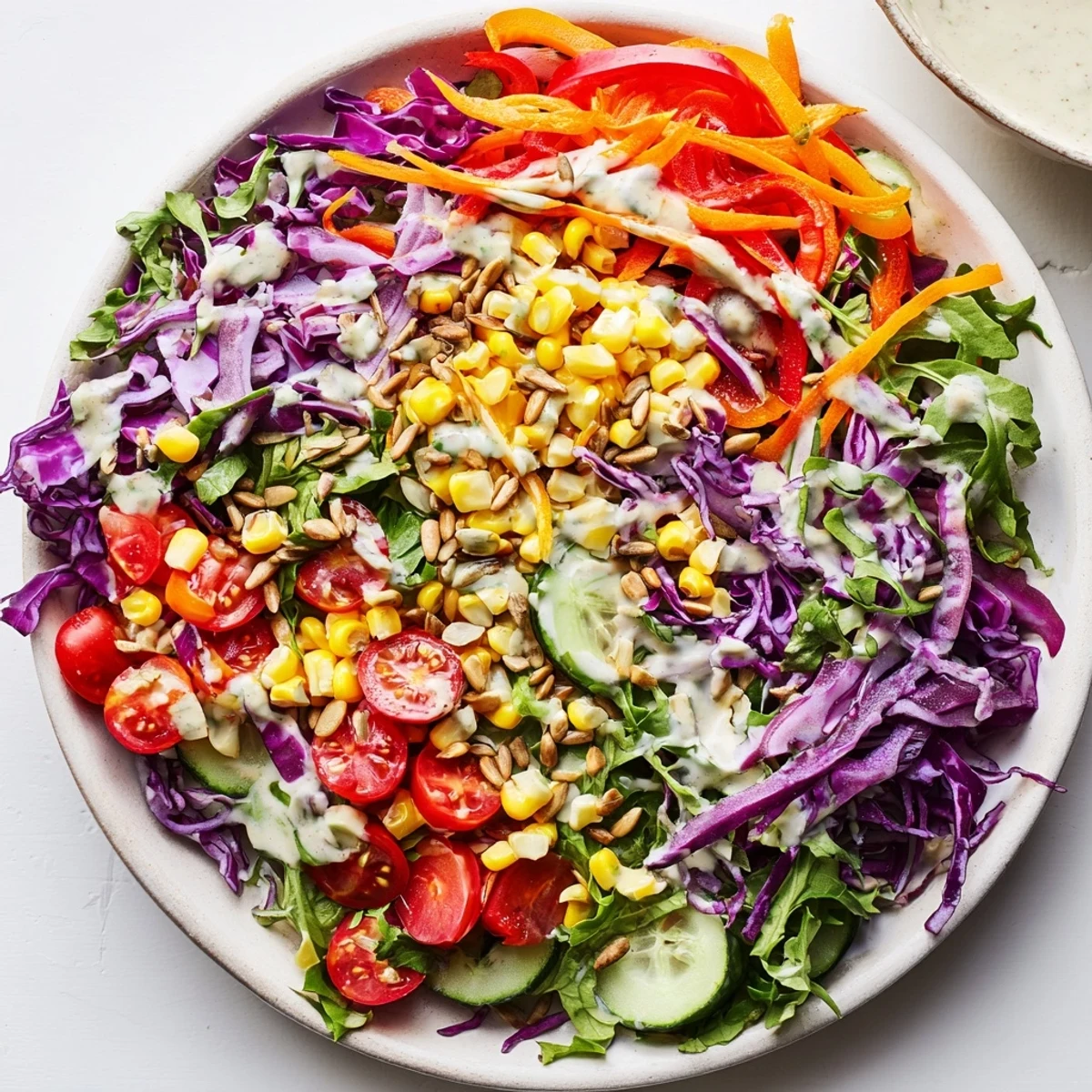 A refreshing Rainbow Salad displays colorful sliced veggies ready to be enjoyed as a light meal.