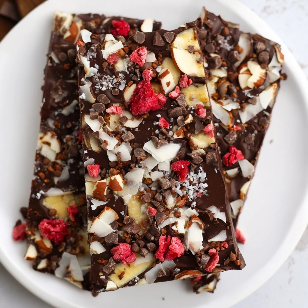 A refreshing photo displaying chunks of Chocolate Banana Bark, studded with almonds and coconut.