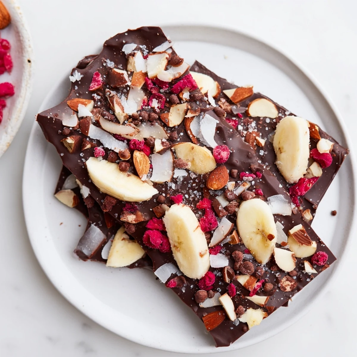 Frozen Chocolate Banana Bark, a sweet treat with dark chocolate and freeze-dried berries.