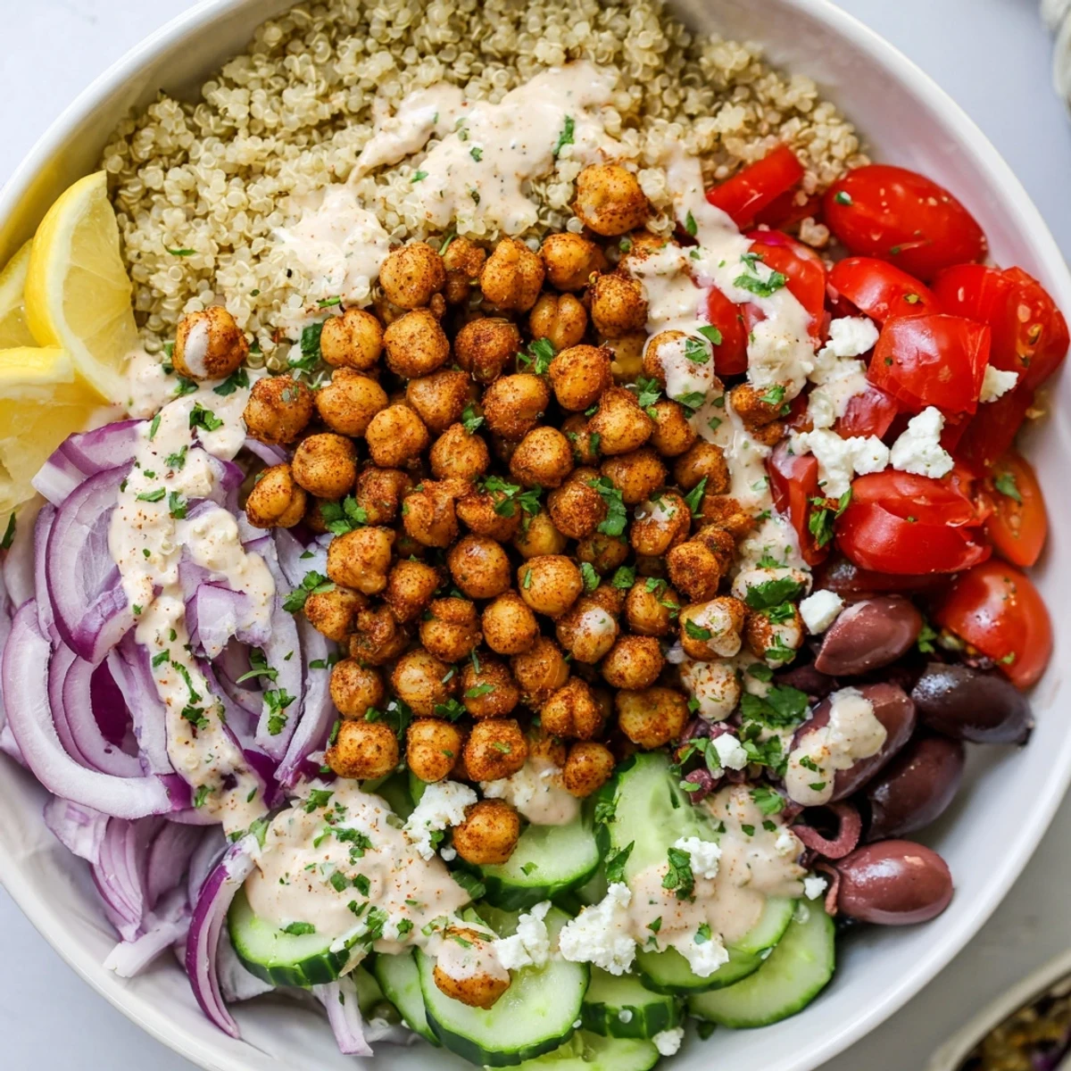 A colorful Mediterranean chickpea bowl with roasted chickpeas, fresh veggies, and creamy tahini dressing.