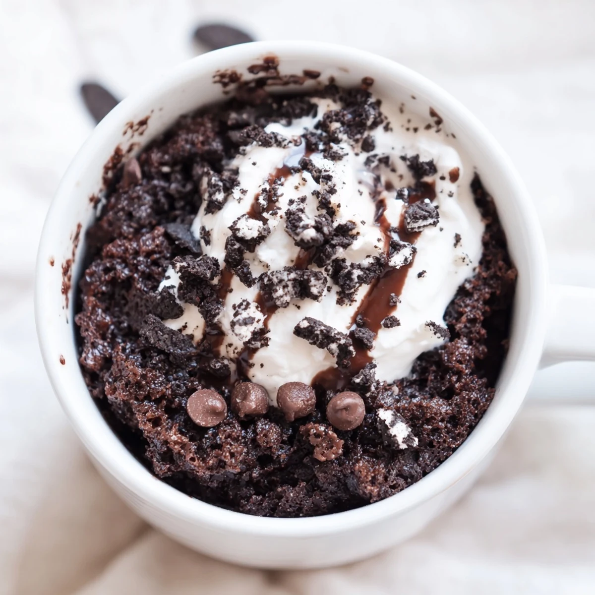 Warm Oreo Mug Cake, a single serving dessert with creamy whipped topping and crushed cookies.
