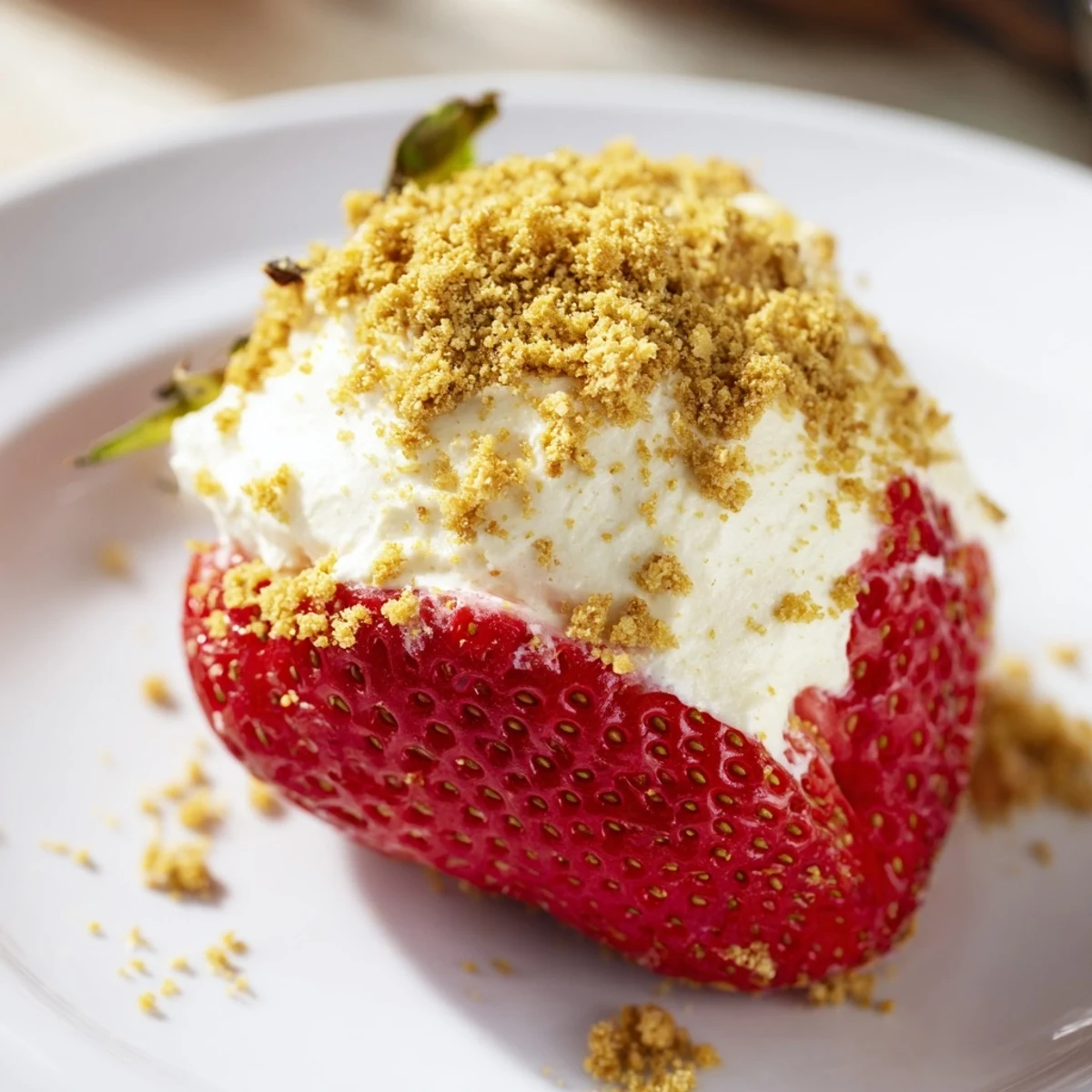 Fresh, red Cheesecake Stuffed Strawberries bursting with creamy cheesecake filling and crunchy crumbs.