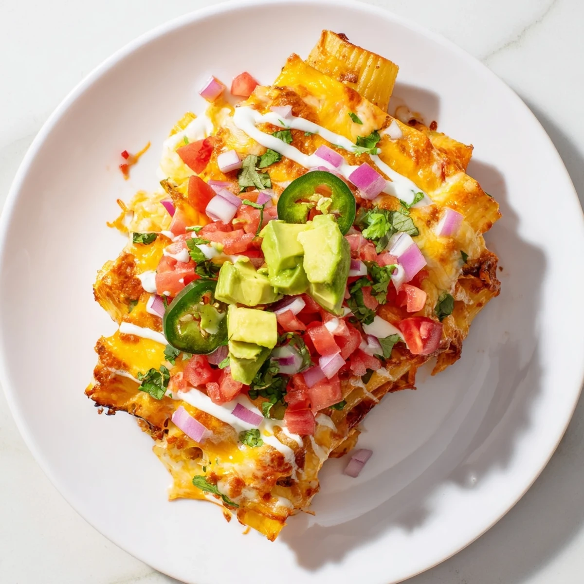 Golden pasta chips nachos, overflowing with melted cheese, fresh toppings, and zesty sauce, ready to eat.