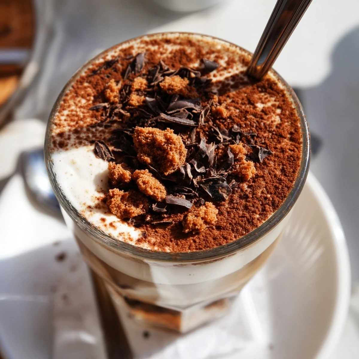 Rich, creamy Tiramisu Latte, a decadent coffee creation with visible ladyfinger crumbs and cocoa dusting.