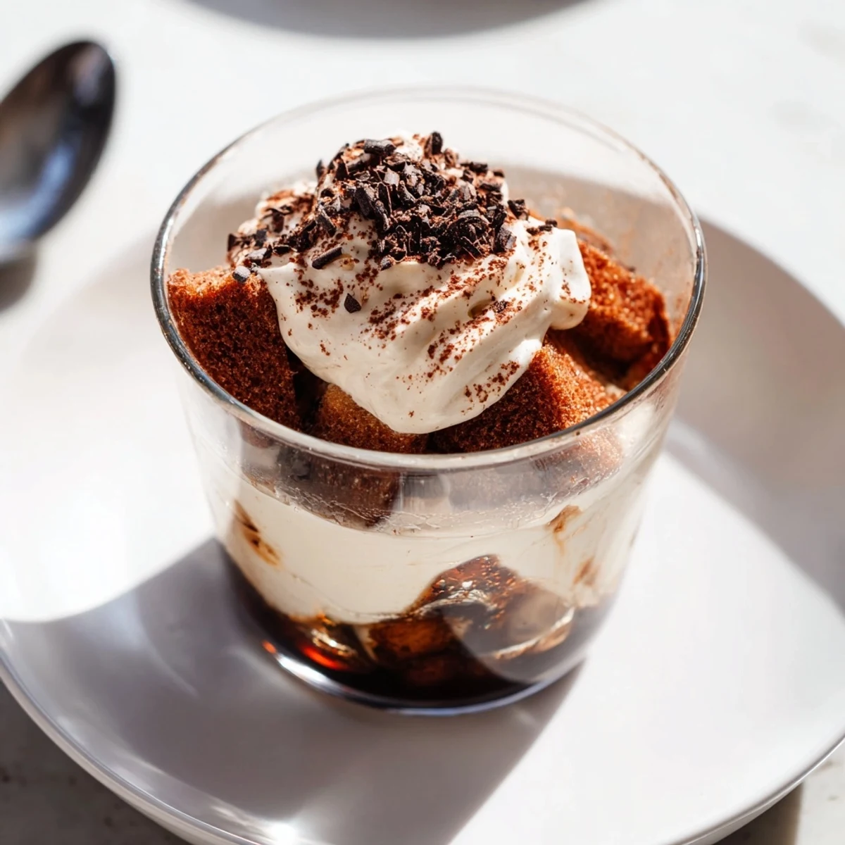 Deconstructed Tiramisu Shots layered with creamy mascarpone, chocolate dusting, and soaked ladyfingers, perfect party treat.