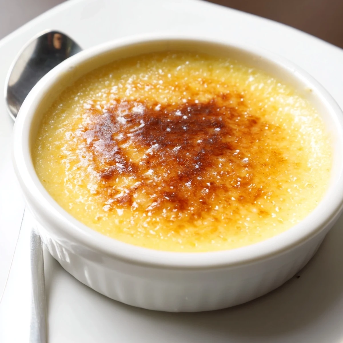 Golden, crisp topping on a perfectly set 3-Ingredient Crème Brûlée, ready to be enjoyed.
