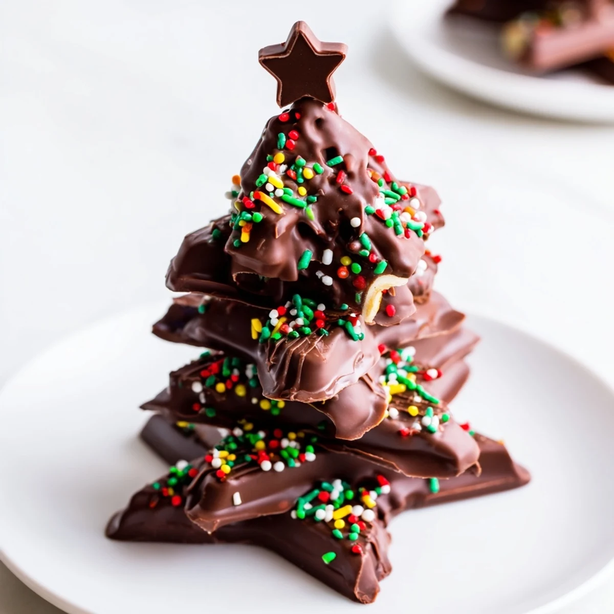 Drizzled chocolate over stacked Chocolate Kinder Christmas Trees, a sweet, festive dessert ready to eat.