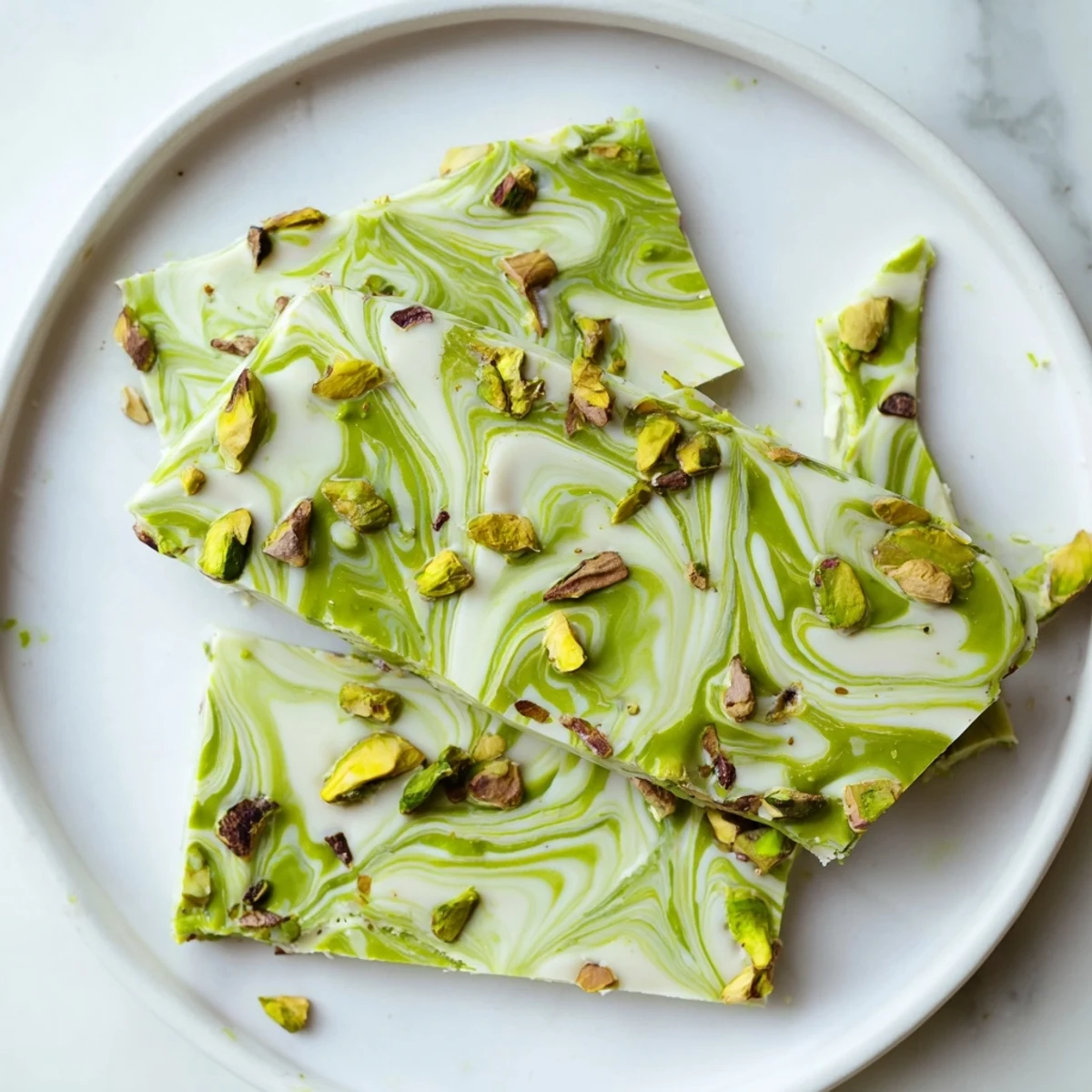 A vibrant swirl of matcha and pistachios adorns this delicious Pistachio Matcha White Chocolate bark.