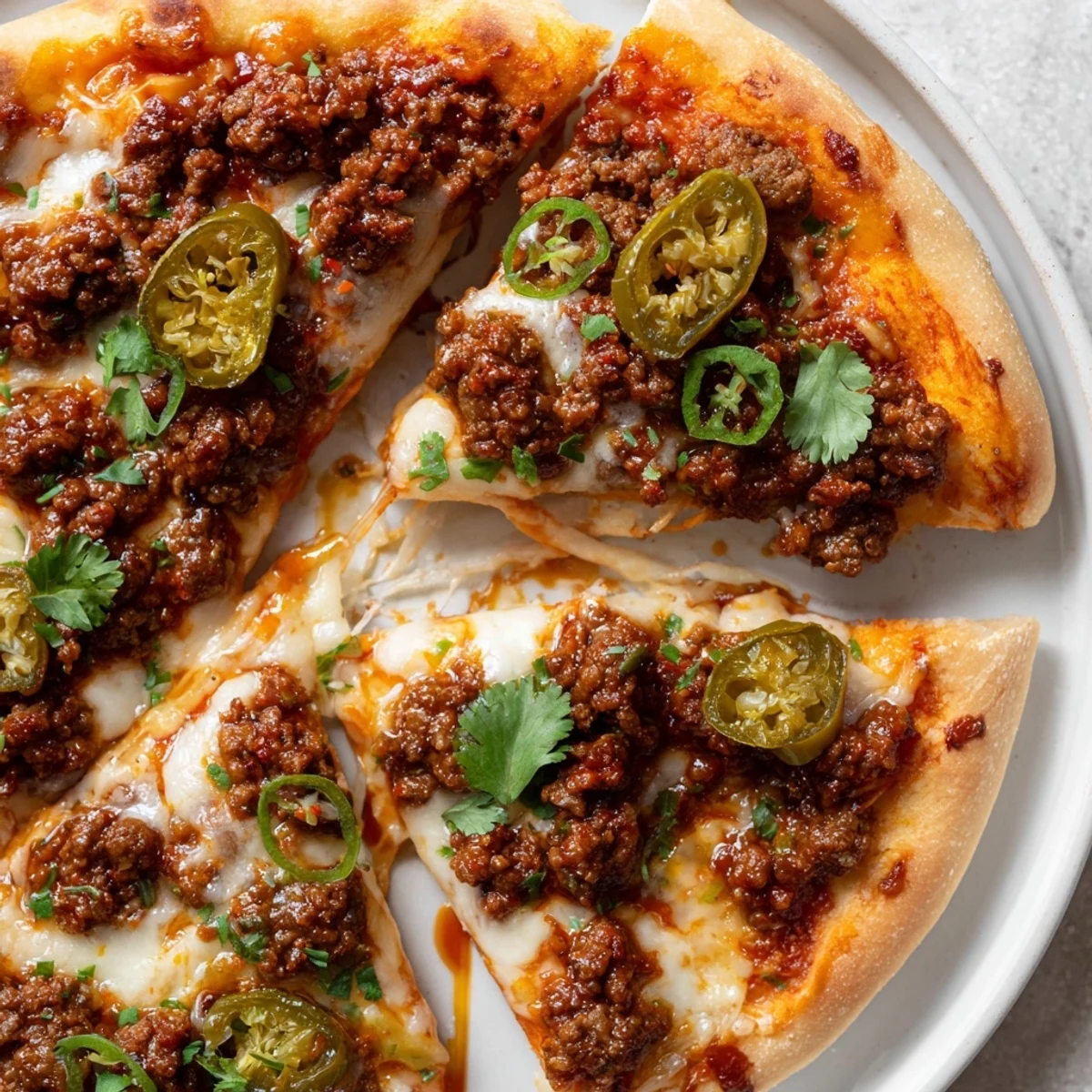 Close-up of a flavorful spicy ground beef pizza, perfect for sharing on a weekend night.