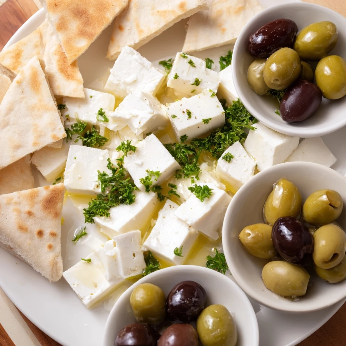 Turkish Olives & Cheese Board: A colorful platter of cheeses and olives served with warm pita and honey.
