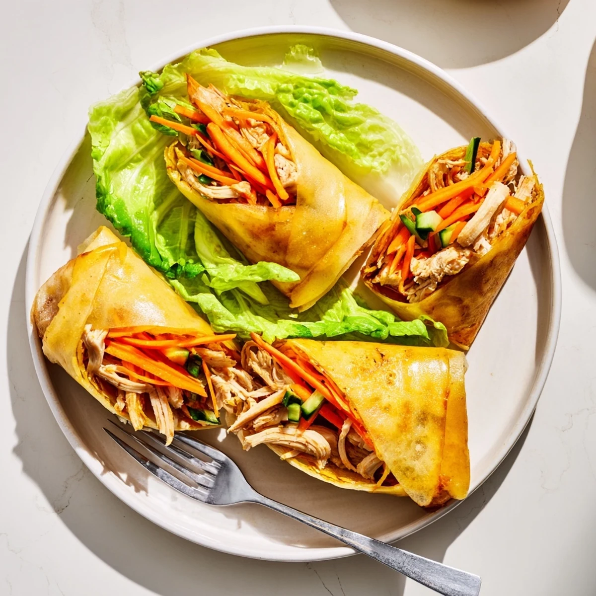 Freshly pan-fried garlicky pulled chicken wraps served warm with lemon wedges and dipping sauce.
