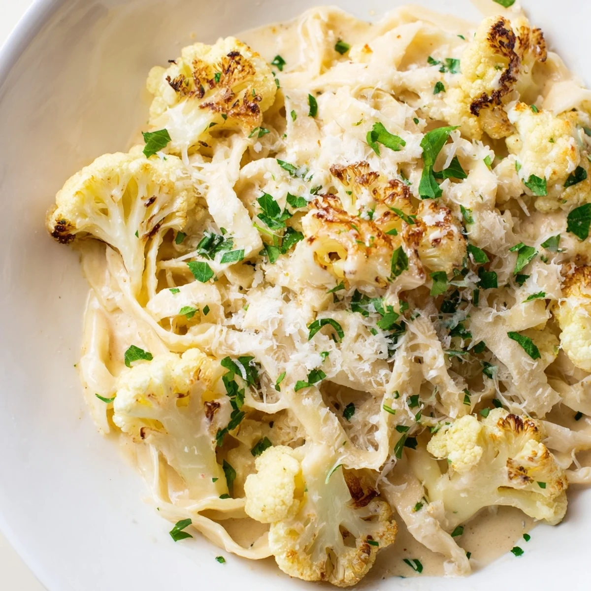 Golden roasted cauliflower florets and grated Parmesan cheese garnish a bowl of Roasted Cauliflower Alfredo pasta, highlighting the creamy texture and savory aroma.