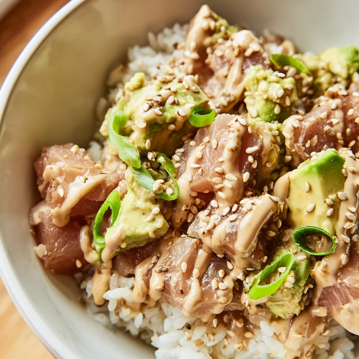 Serve this Tuna Avocado Rice Bowl topped with toasted sesame seeds and nori strips for an easy, nutritious weeknight meal.